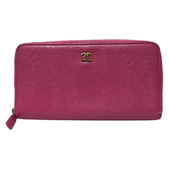 CHANEL Camellia A82281 Pink Calfskin Long Wallet Gold hardware